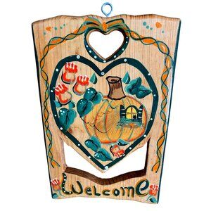 Vintage Folk Art Welcome Sign | Hand Painted Pumpkin Wall Decor with Hanger